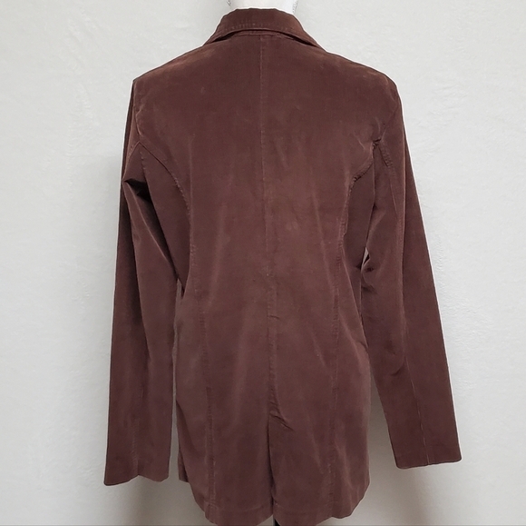 Vintage 90s SJB Brown Corduroy Long Hem Notched Collar Plunging Neckline Blazer - Picture 9 of 12